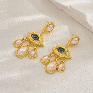 Schiaparelli Inspired Gold and Pearl Eye Drop Earrings
